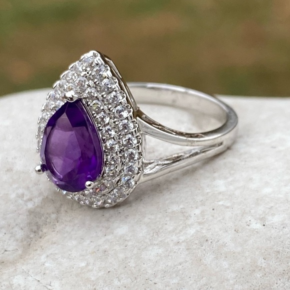 Amethyst teardrop halo ring platinum plated sz 7 brand new in box - Picture 3 of 16